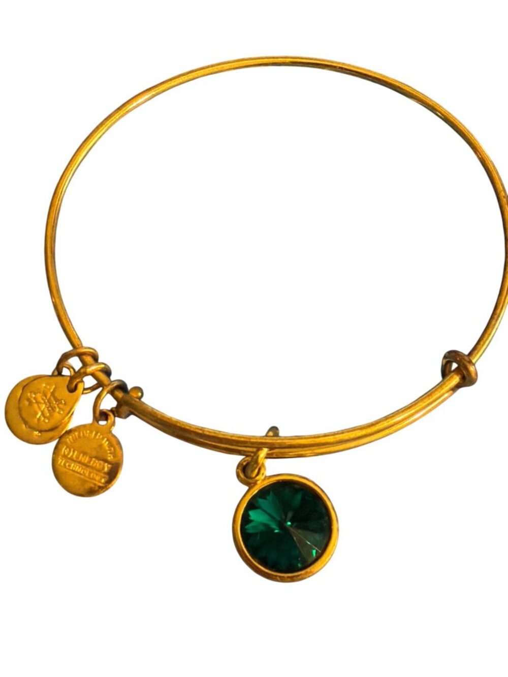 2 Alex And Ani Gold Tone Crystal Charm Bangle Bracelets Green Clear Crystal Adj - Picture 4 of 7